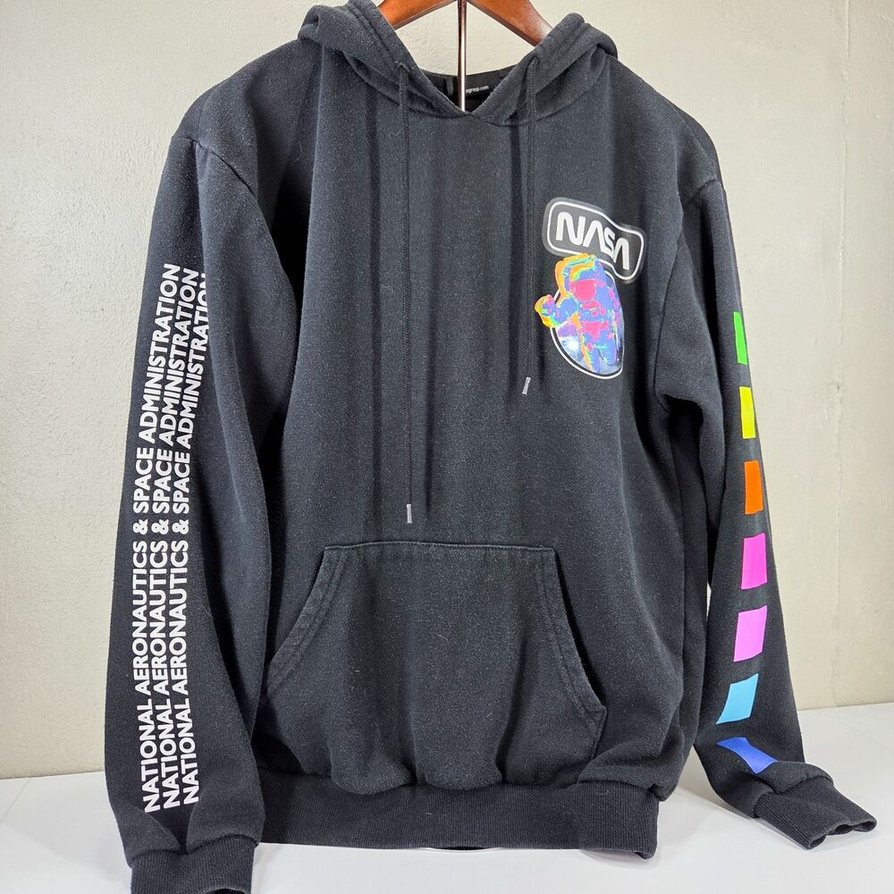 NASA Hyper Space Astronaut Graphic Sleeve Pullover Hoodie Black Sz Small